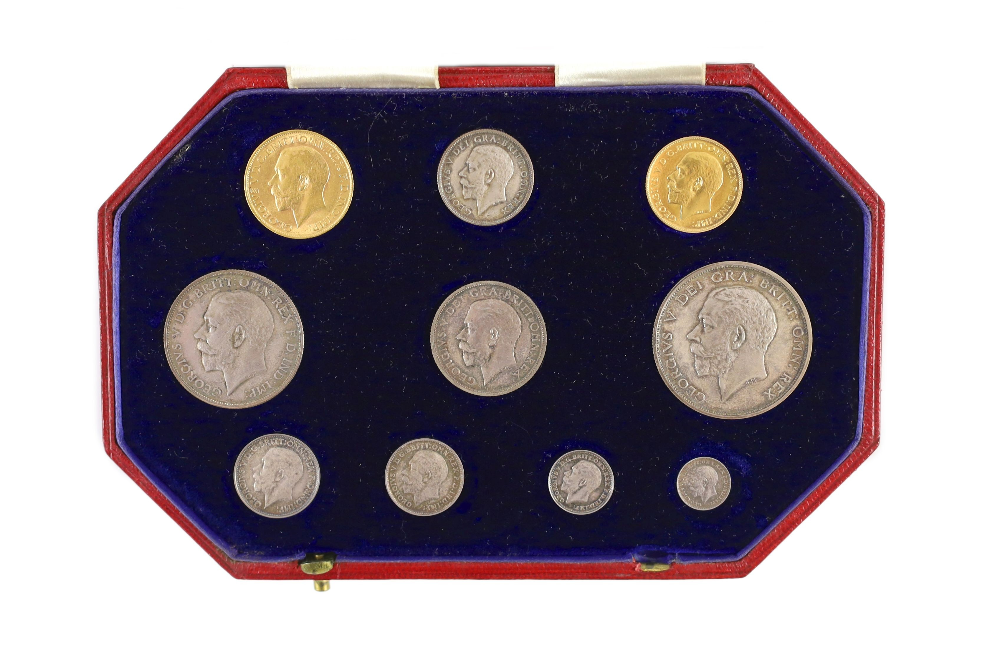 UK coins, a cased George V 1911 coronation gold and silver proof ten coin set